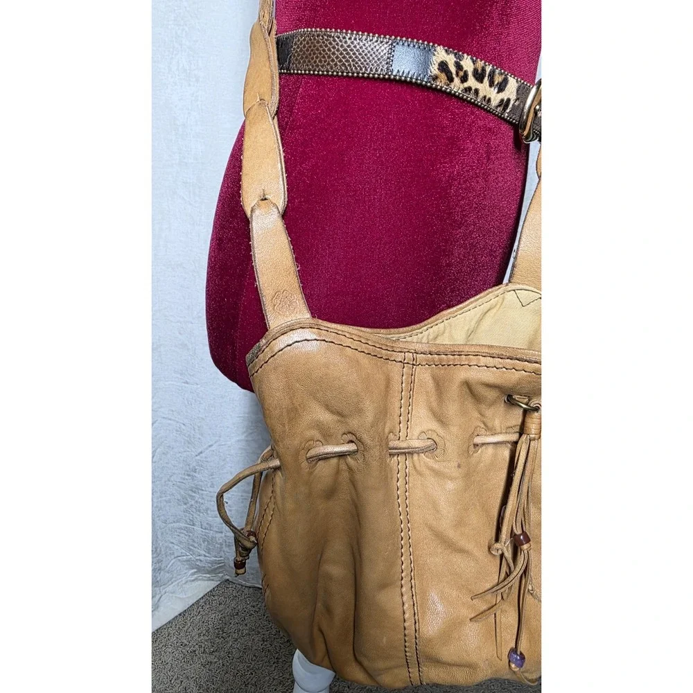 Lucky Brand Y2K Brown Lamb Leather Bucket Bag Boho Drawstring Crossbody Purse